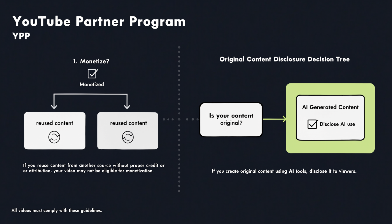 YouTube monetization policy — YPP, reused content, AI disclosure decision tree
