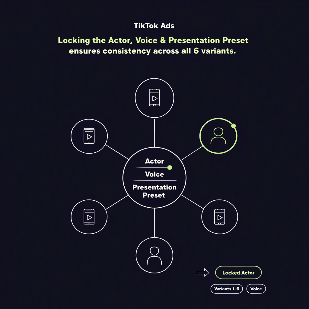 TikTok ads consistency lock — one actor, one voice, one preset to prevent drift