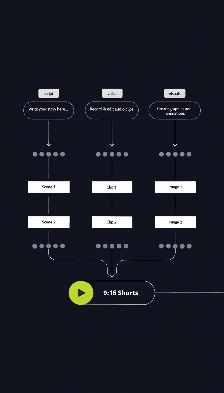 Vertical video factory — script + voice + visuals merging into 9:16 Shorts