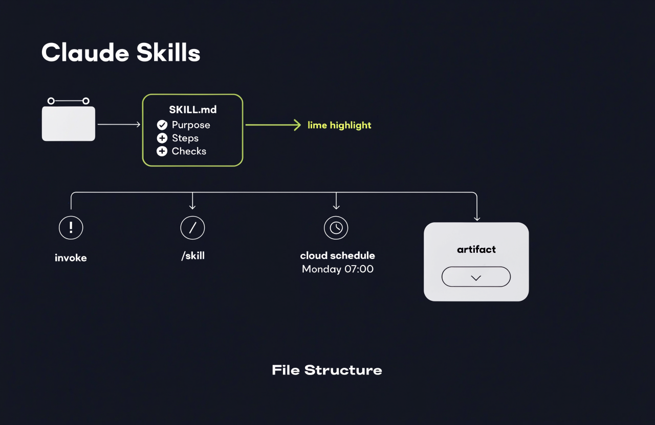 Şekil 3 — Skills mimarisi: SKILL.md → /komut → zamanlı artifact