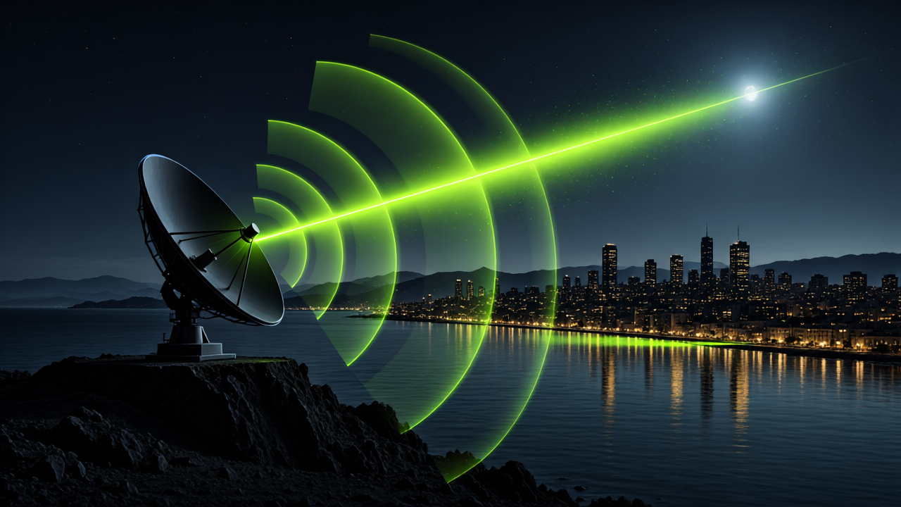 Dish beaming a signal over a coast city