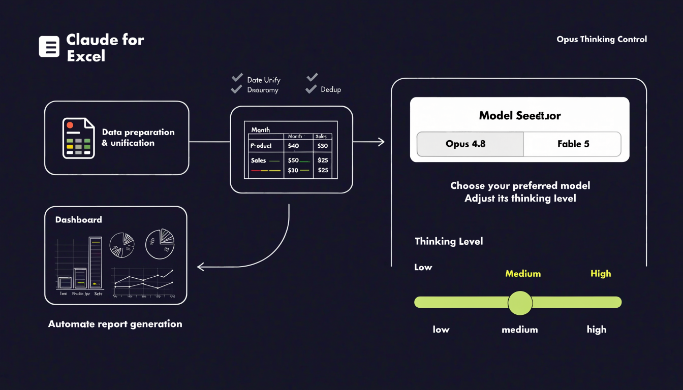 Şekil 7 — Excel + düşünme: temizle → pivot → dashboard + Opus/Fable düşünme sürgüsü