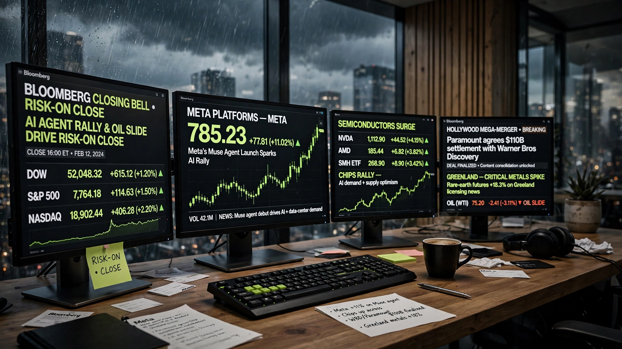 AI Agent Rally and Oil Slide Drive Risk-On Close: Meta Jumps 11%, Chips Surge and Hollywood's Mega-Merger