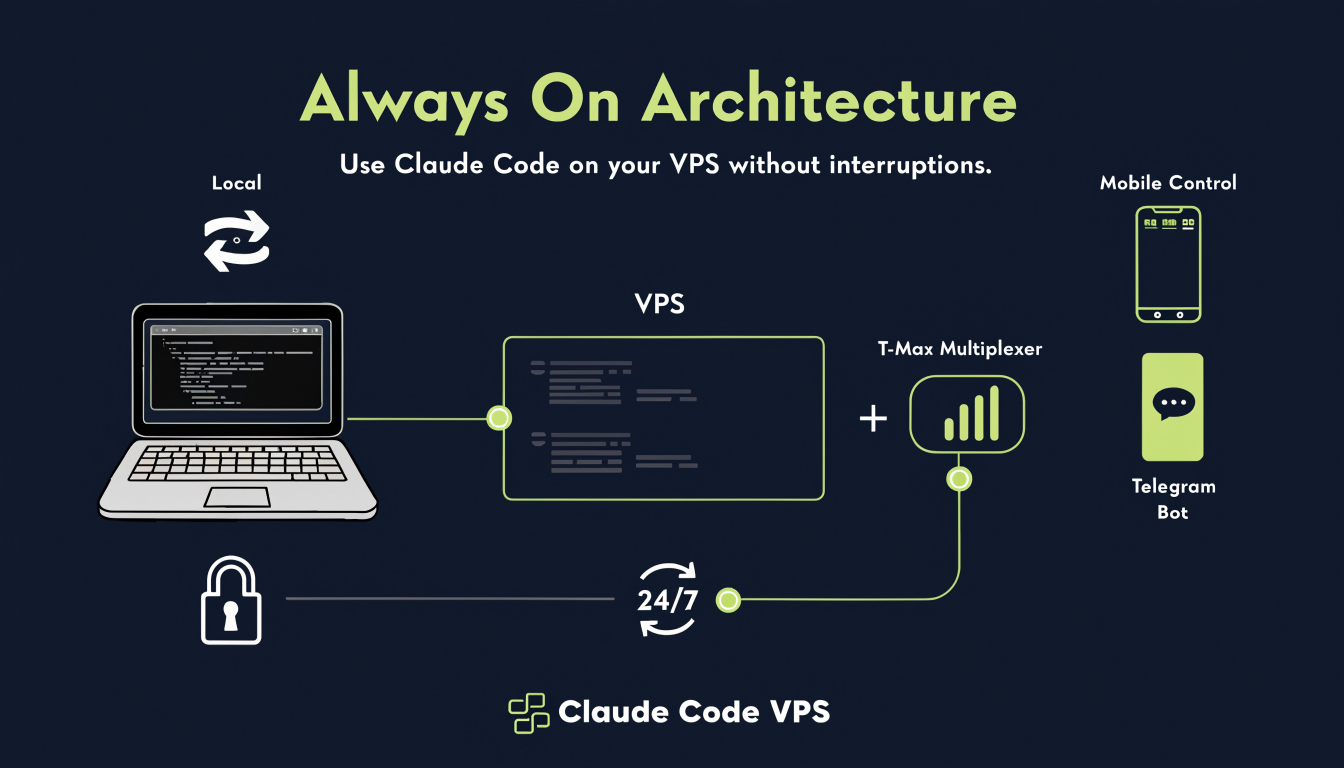 Şekil 5 — VPS always-on: dizüstü vs VPS, T-Max, Telegram mobil