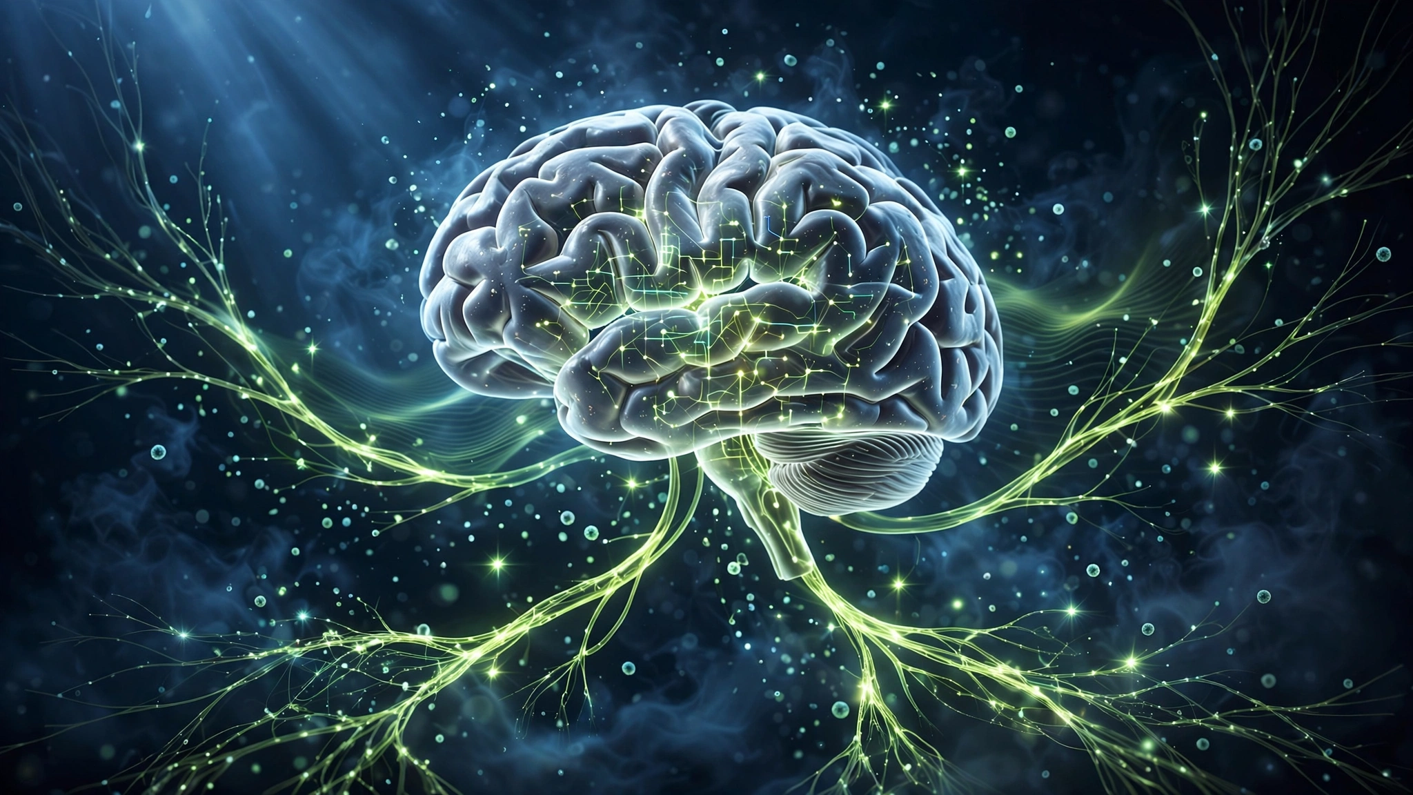 Luminous brain with trigeminal network in dark clinical void — Muse Spark image