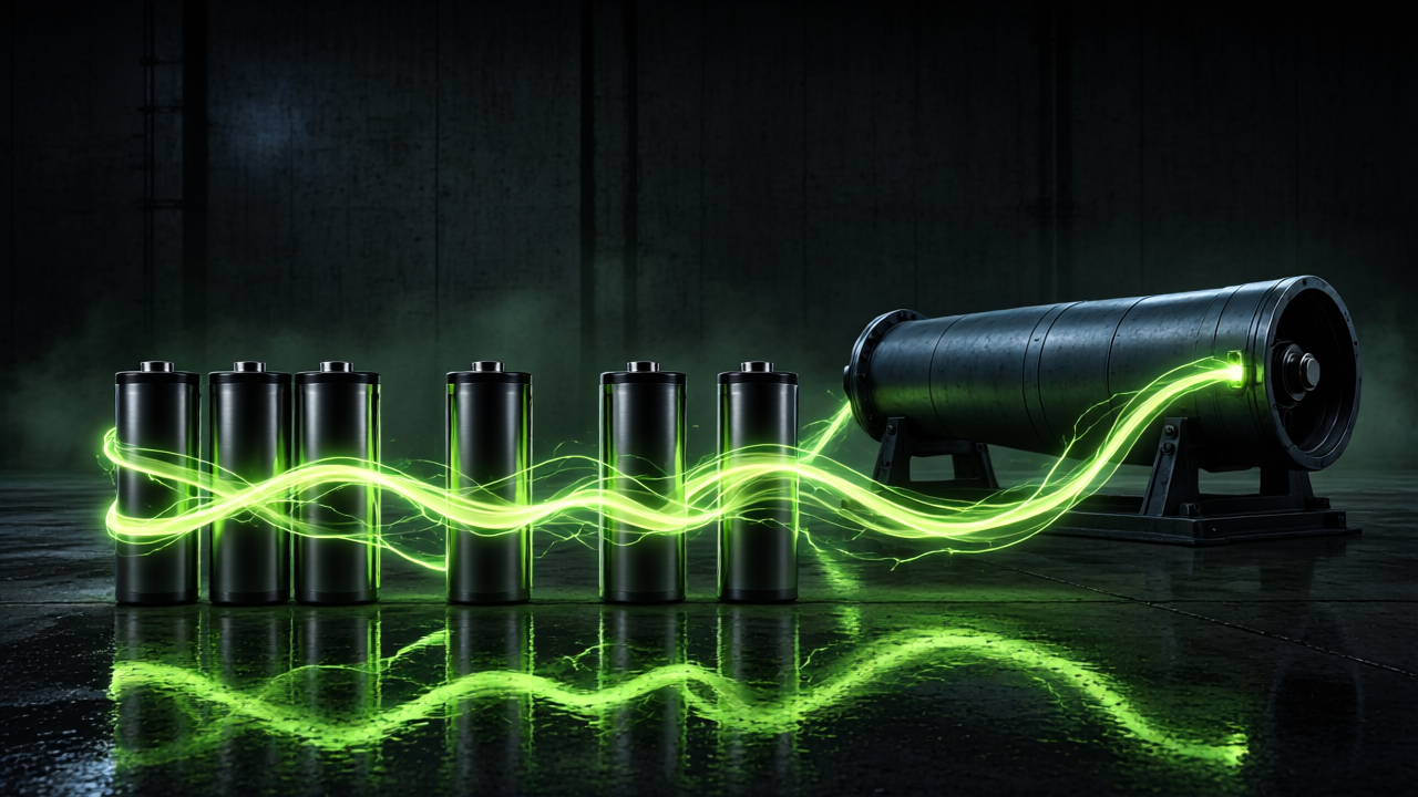 Battery cells glowing beside a dim turbine