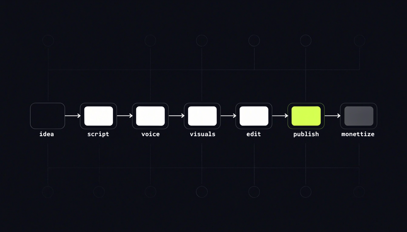 Faceless AI content factory — idea → script → voice → visuals → edit → publish → monetize funnel